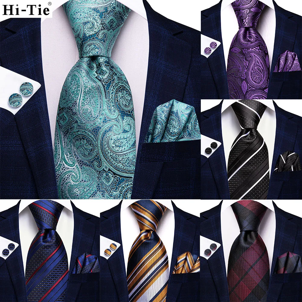 

Mens Necktie Paisley Light Blue Hi-Tie Designer Silk Wedding Tie For Men Handky Cufflink Gift Fashion Business Party Dropship