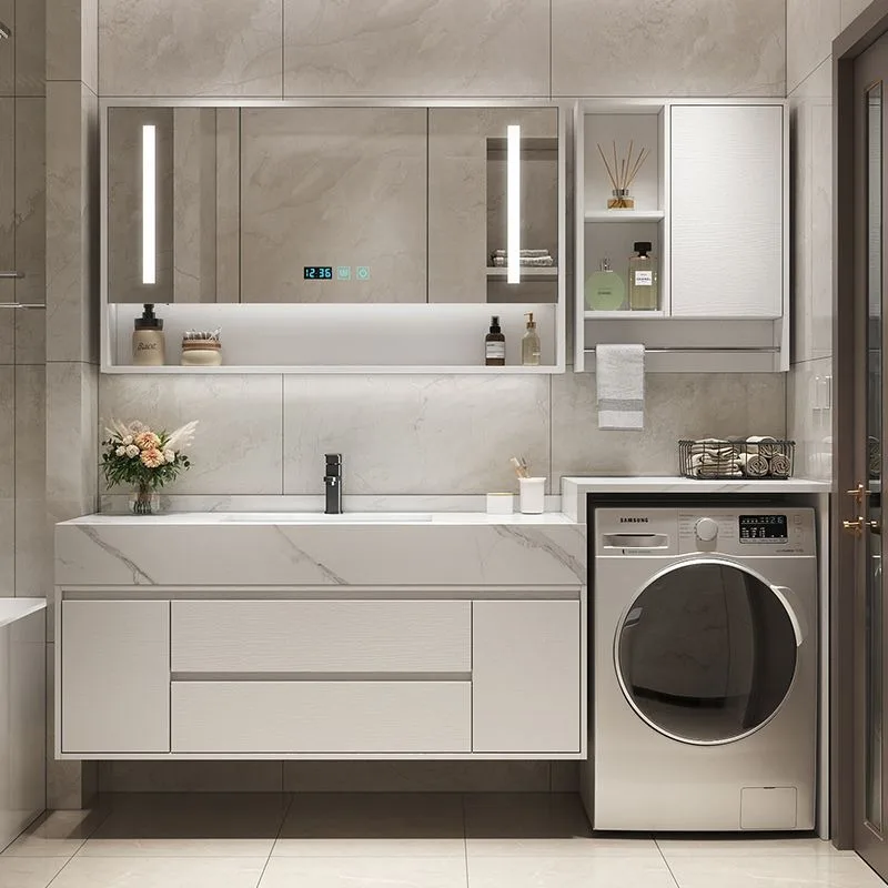 Meuble de buanderie intelligent avec vasque intégrée, en bois massif ardoise, et autres meubles de salle de bain