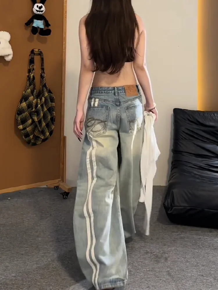 American Style High Waist Denim Jeans Women's Design Sense Washed Loose Slim Wide Leg Long Pants Sweet Cool Spicy Girl