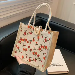 Rose Canvas Handbag Simple Reusable Linen Fabric Picnic Breakfast Bag With Button Small Tote Bag Women