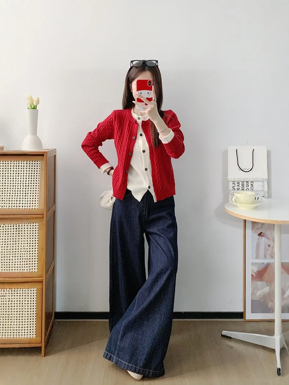 Red Button-Up Fake Two-Piece Top UVPU Knitted Sweater Spring 2025 Women's Faion Ladies' Premium Quali Other Fabric