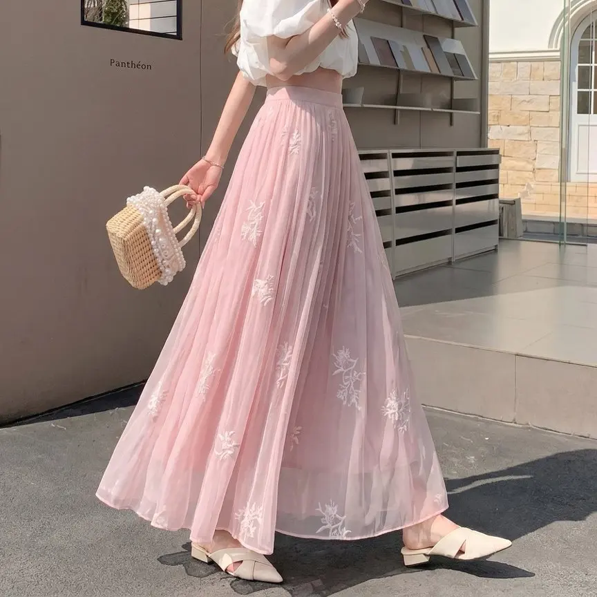 Long Embroidery Skirts For Women Spring Summer Mori Girl Style Lolita Elastic High Waisted A-Line Crochet Lace Mesh Skirt