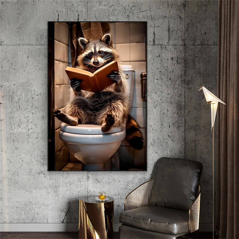 Funny Animals In Bathtubs Art Poster Racoon In Bathtubs Print Funny Raccoon Reading Canvas Painting Home Bathroom Toilet Decor