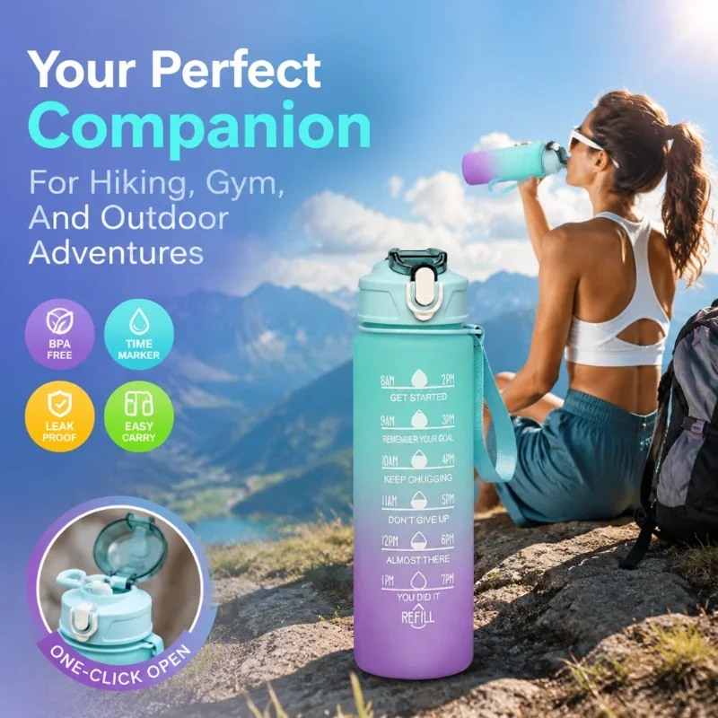 Portable 900ml Plastic Water Bottle Gradient Matte Finish Motivational Time Marker Flip Lid BPA Free Leakproof Sport Travel Cup