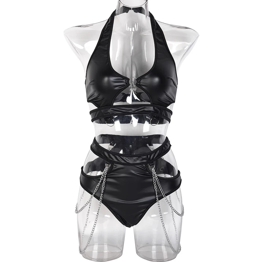 

Women Lingerie Set Chain Briefs Club Bra Cutout Halter Neck Lingerie Set Nightwear Sexy Hollow Wet Look Stylish