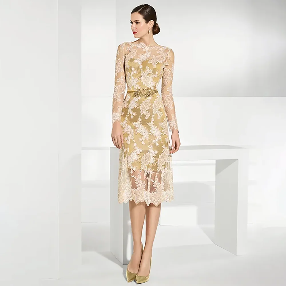 

customized Gold Lace Mother Of The Bride Dresses With Long Sleeves Sheer Bateau Neck Sheath Wedding Guest Dress