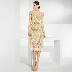 Gold Lace Mother Of The Bride Dresses With Long Sleeves Sheer Bateau Neck Sheath Wedding Guest Dress