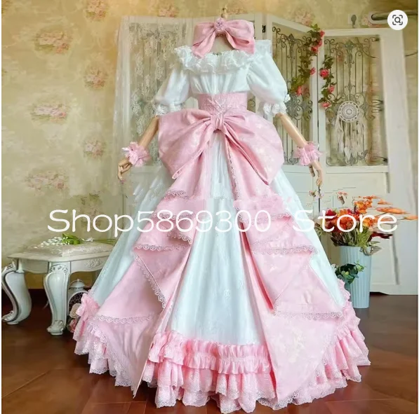Victoriaanse roze witte trouwjurken met strik kant vierkante gelaagde ruches mouw Lolita bruidsjurk Rococo op maat