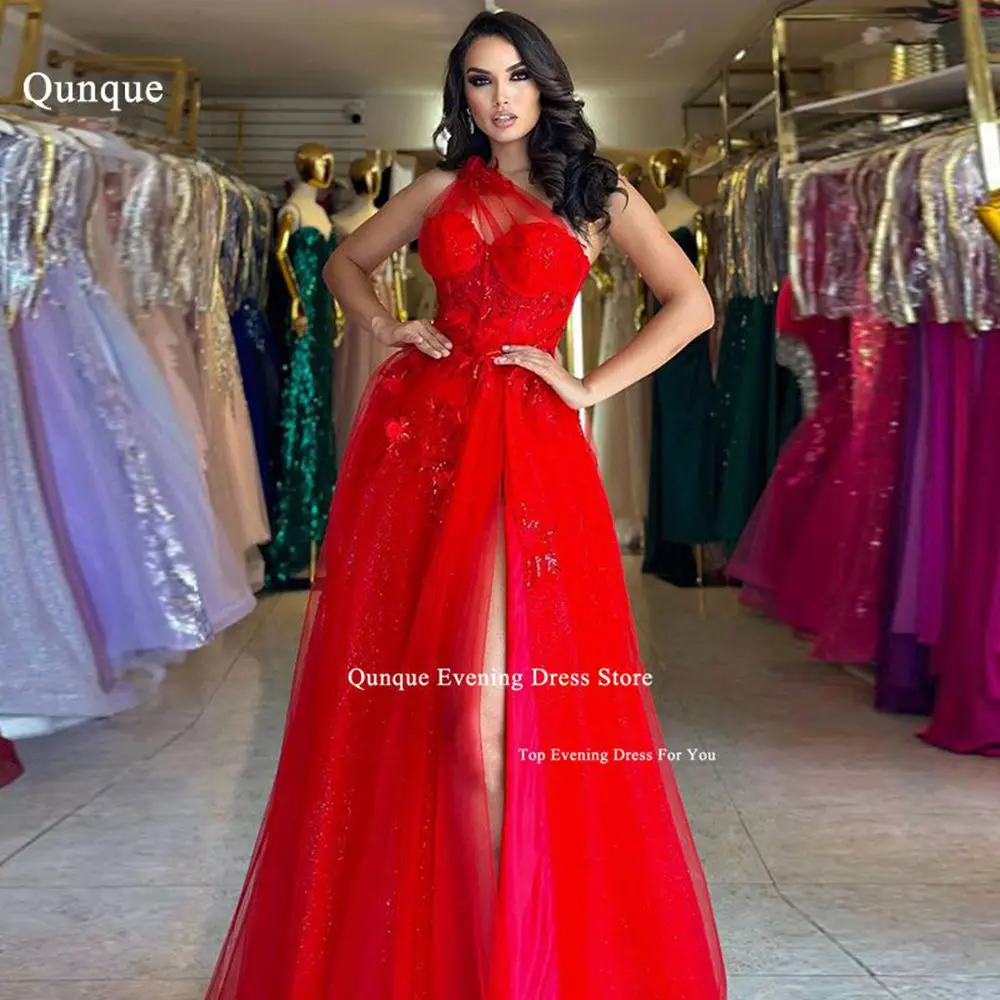 Qunque One Shoulder Evening Dress Hochzeitspartykleid Customized Tulle Prom Dress Leg Slit Lace Vestido De Gala فساتين السهرة