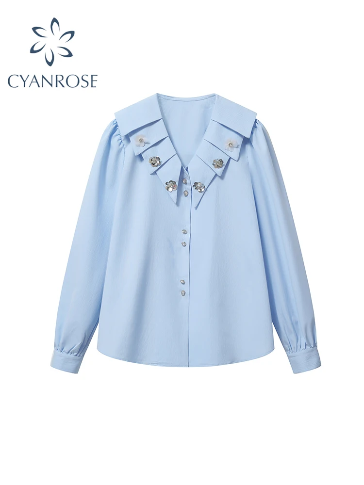 Women\'s Blue Shirts Blouses Y2k Vintage Aesthetic Harajuku 2000s Elegant Fashion Solid Color Long Sleeve Shirt Top Clothes 2024