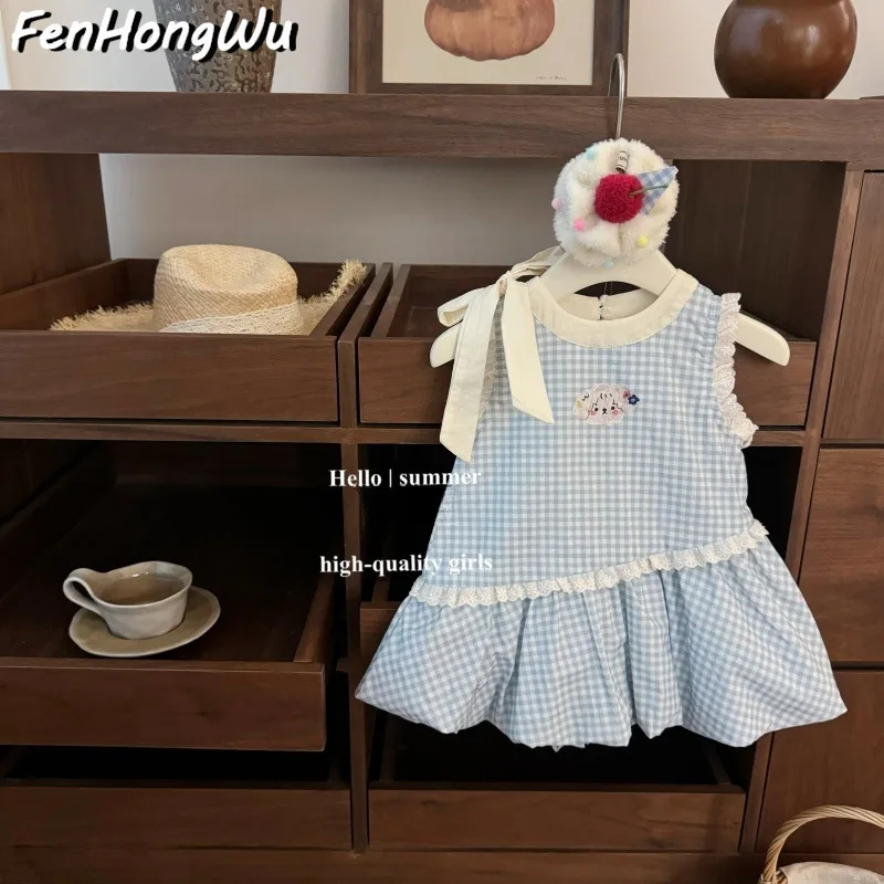 Summer Sweet Bowknot Blue Plaid Baby Cute Flower Bud Tank Dress Trendy7734