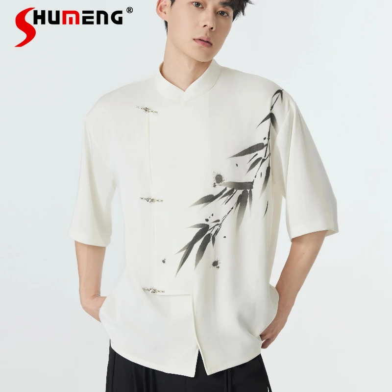 

Мужская одежда на четыре сезона, модные новые топы в китайском стиле, рубашки с воротником-стойкой и принтом бамбуковых листьев, рубашки с короткими рукавами на металлических пуговицах