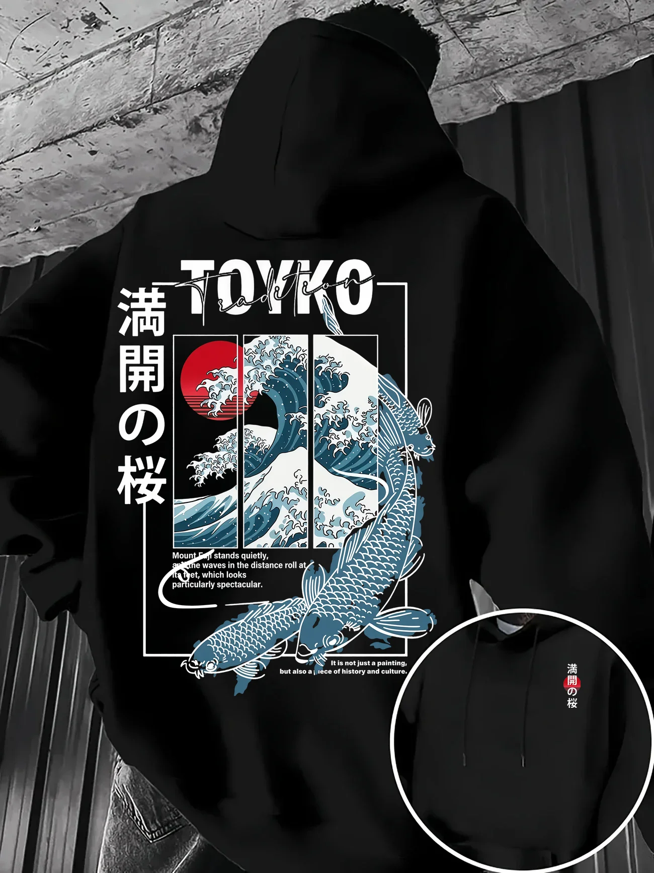 Japanese Casual Street Style Men's Autumn Winter Ukiyo-e-Style Carp Big Wave Narukawa Post-Printed Hooded Sweater