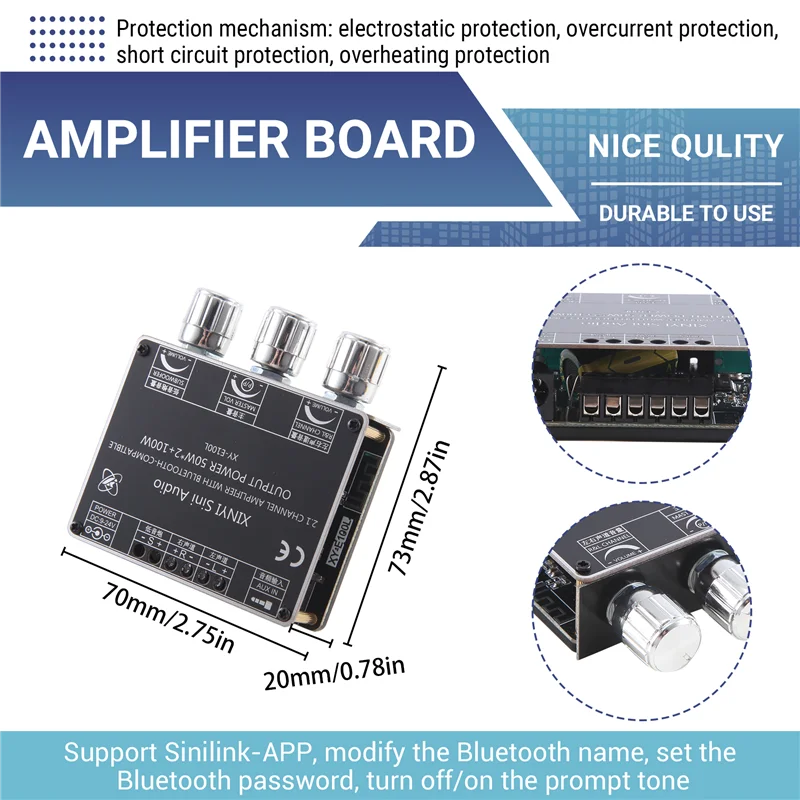 XY-E100L 2.1 Channel For Bluetooth Audio Amplifier Module 50Wx2+100W High And Low Tone Subwoofer Amplifier Board Speaker