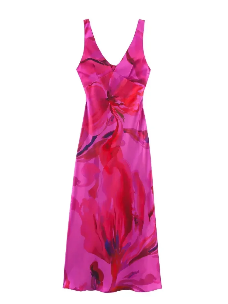 

Satin Printed Waist Cinching Maxi Dress Women Sexy Deep V Sleeveless Backless Long Robes 2025 Summer New Holiday Chic Vestidos