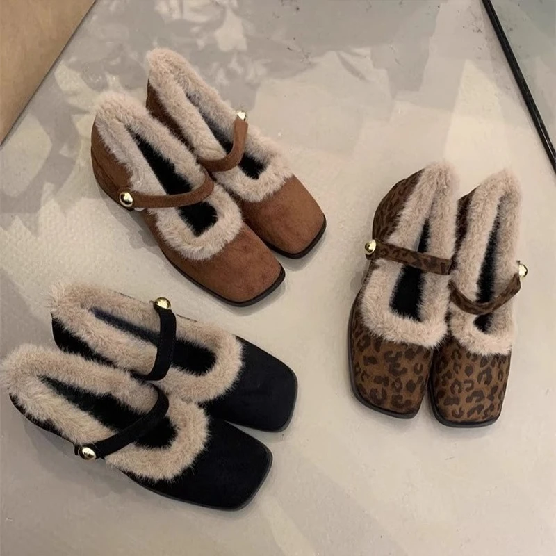 خمر منصة سميكة وحيد المرأة الفراء بطانة ماري جين أحذية موضة الانزلاق على أحذية السيدات فستان كعب سميك أحذية قطنية دافئة