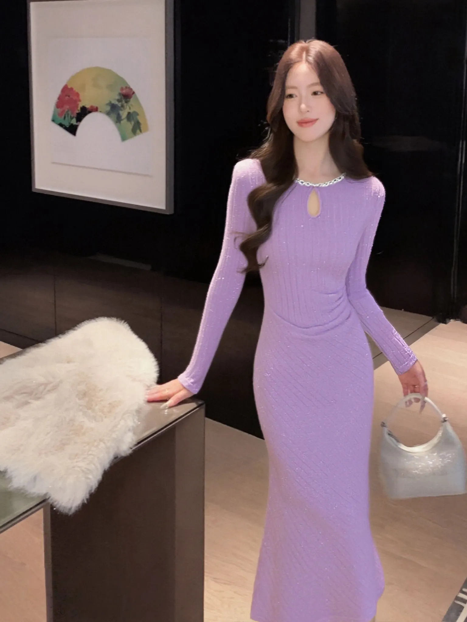 Thickened Fleece Women's Dress Gentle Essential Occasion Beautiful Base Skirt High Waist A-Line Autumn Winter Long Sleeve