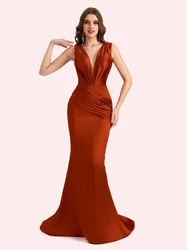 QueensLove Sexy Spaghetti Mermaid Dress V-Neck Bridesmaid Dress A-Line Soft Satin Long Dress for Wedding Customize
