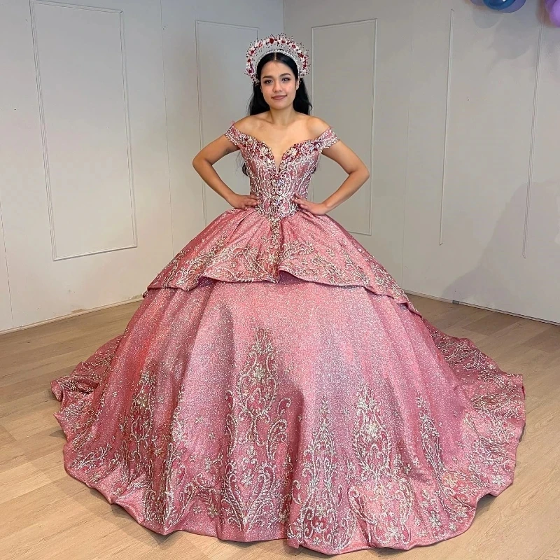 

Красные блестящие платья с открытыми плечами для Quinceanera Женский корсет со шнуровкой для выпускного вечера милое платье для 16 лет 15 лет