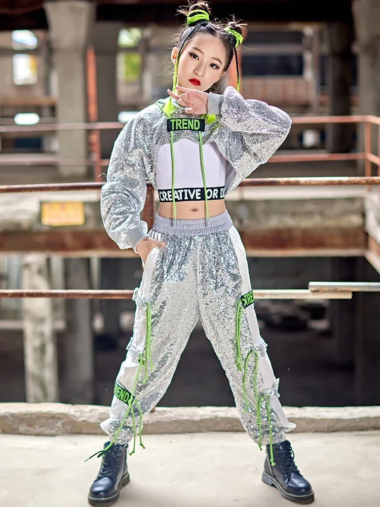 Cool Jazz Kids Pailletten Zilver K Pop Outfits Streetdance Kostuums Moderne Dans Navel Performance Kleding Hiphop Meisjes