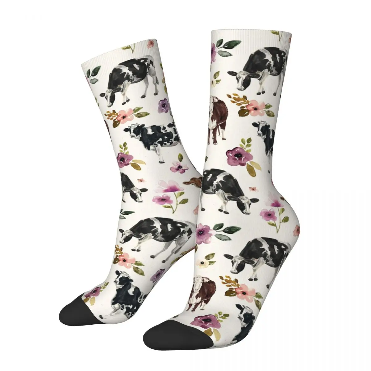 

Cows And Flowers, Farmhouse, Purple Floral Socks Harajuku Sweat Absorbing Stockings All Season Long Socks Accessories