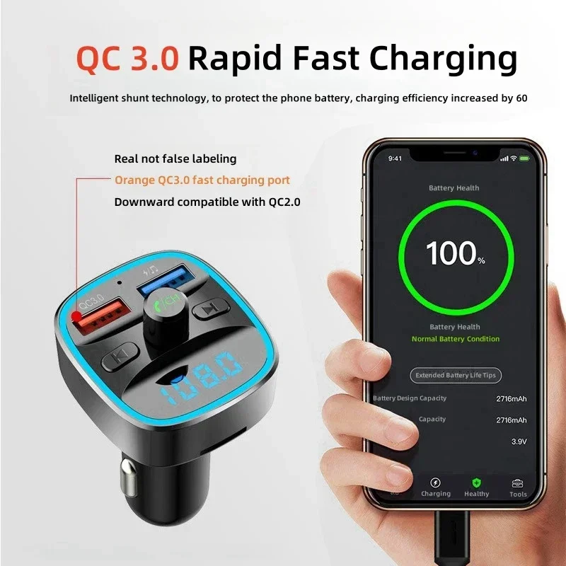 Carro mp3 player bluetooth 5.0 transmissor fm receptor de música áudio sem fio qc 3.0 carregadores mãos livres telefone para unidade usb cartão tf