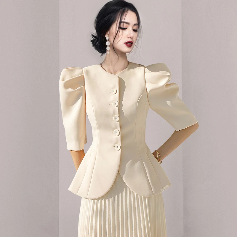 Summer Office Women\'s Skirt Set Ladies Slim Puff Sleeve Blazer Jacket Pleated Skirt Two Piece Set Korean Clothing Outfit