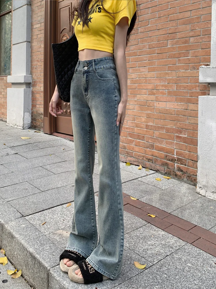 High Waist Bell Bottom Denim Jeans Women's Spring Elastic Slimming Long Floor Length Cotton Stretchy Trendy Girl Small Size