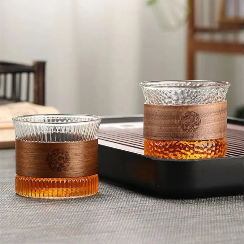 Household Wooden Ring Anti-scalding Vertical Grain Small Tea Cup Japanese-style High Borosilicate Transparent Glass Tea Cup