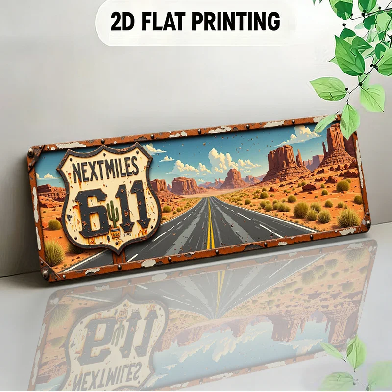 2D Flat,This Is a Two-dimensional Sign Featuring a Scenic Desert Highway Landscape Design with a Retro-style Road Sign
