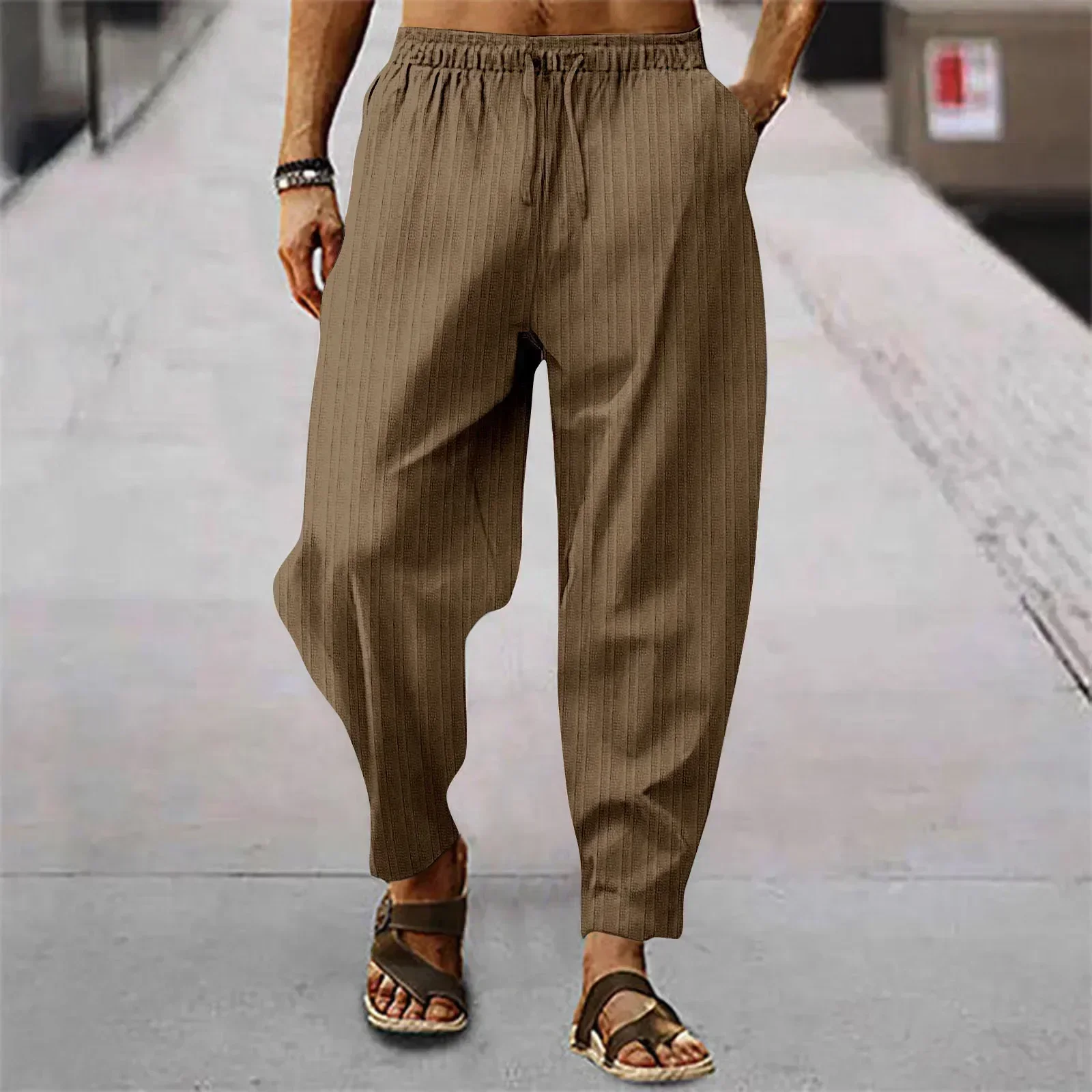 Straight Leg Pants Men's Wide Leg Striped Sweatpants with Elastic Waist Deep Crotch Soft Breathable Sports Pants for Comfort