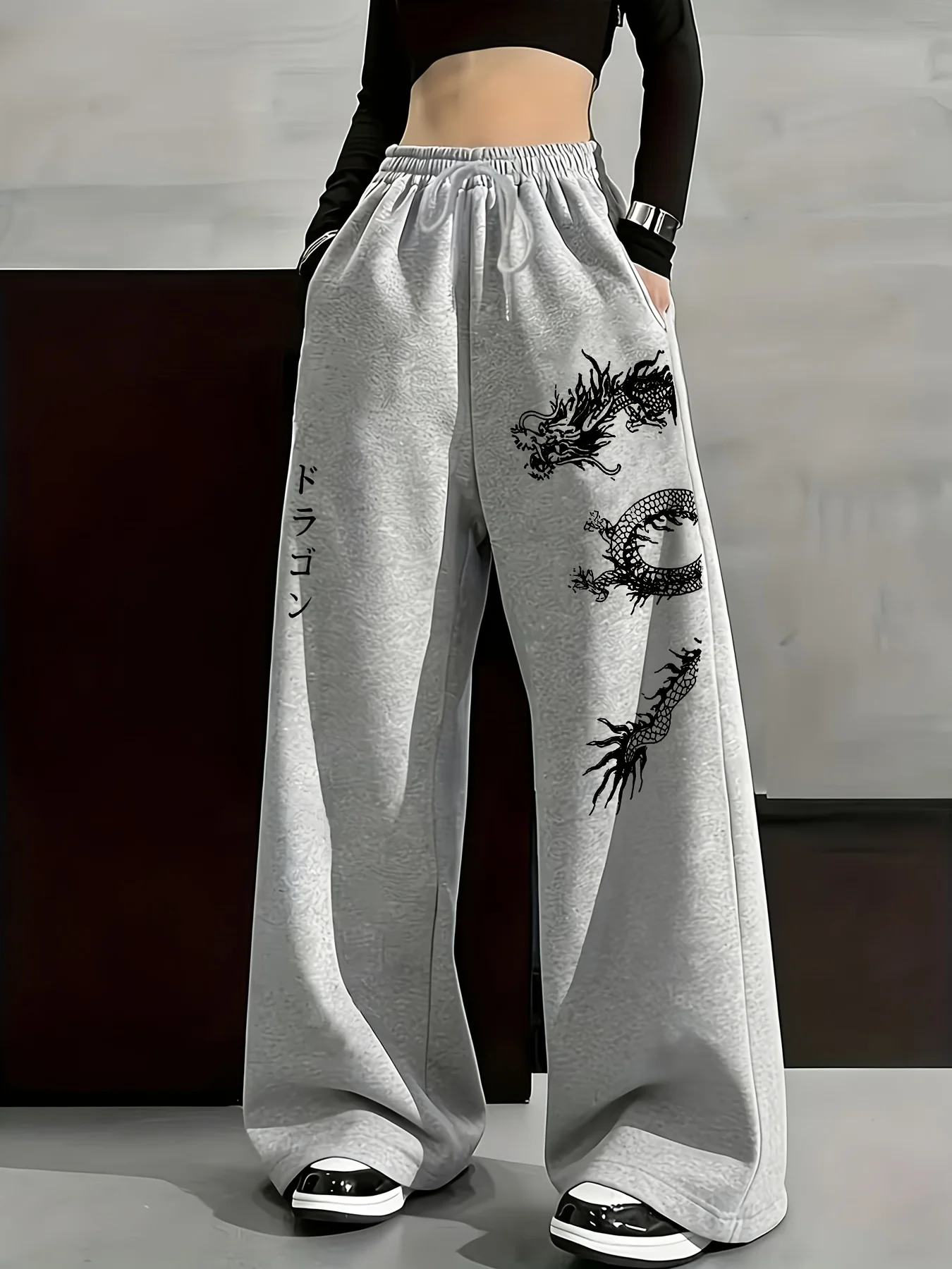 Women's Dragon Print Fleece Sweatpants for Autumn and Winter Warm Casual Loose Stylish and Versatile Streetwear Trendy