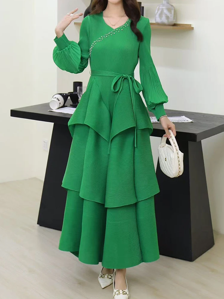 

Elegant Nail Bead Tie Waist Cinched Lantern Sleeve Pleated Dress 2025 Summer New Fashionable Women'S Clothing