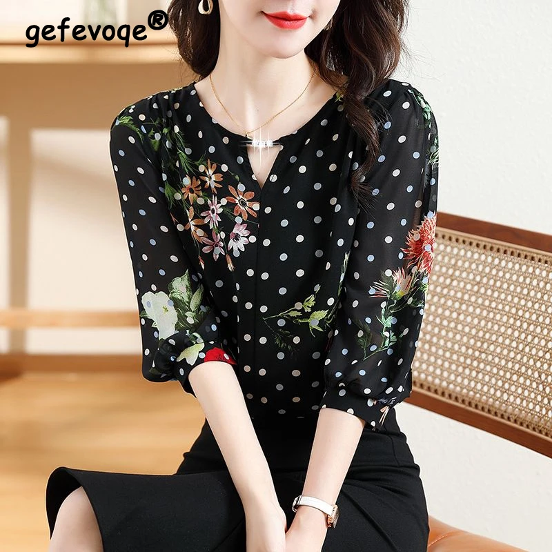 Women Korean Fashion Floral Dot Print Hollow Blouses Elegant Chic Rhinestone Chiffon Shirts Casual 3/4 Sleeve Loose Tops Female