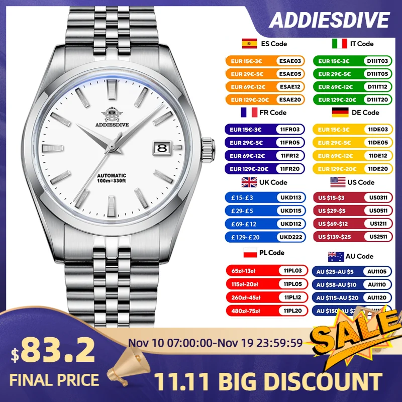 

ADDIESDIVE 39mm Automatic Mechanical Watch for Men Black/White Dial Steel Calendar Display Dive Watches AD2029 Relogio Masculino
