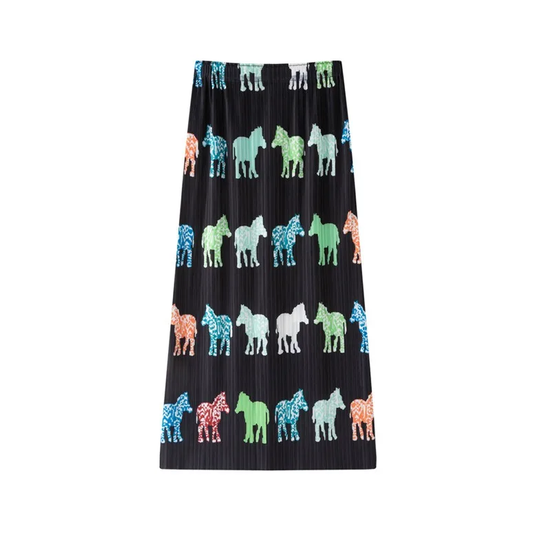 

Плиссированная юбка Miyake 2026: Новая летняя женская юбка миди свободного кроя с эластичным поясом, принтованными складками и прямым силуэтом