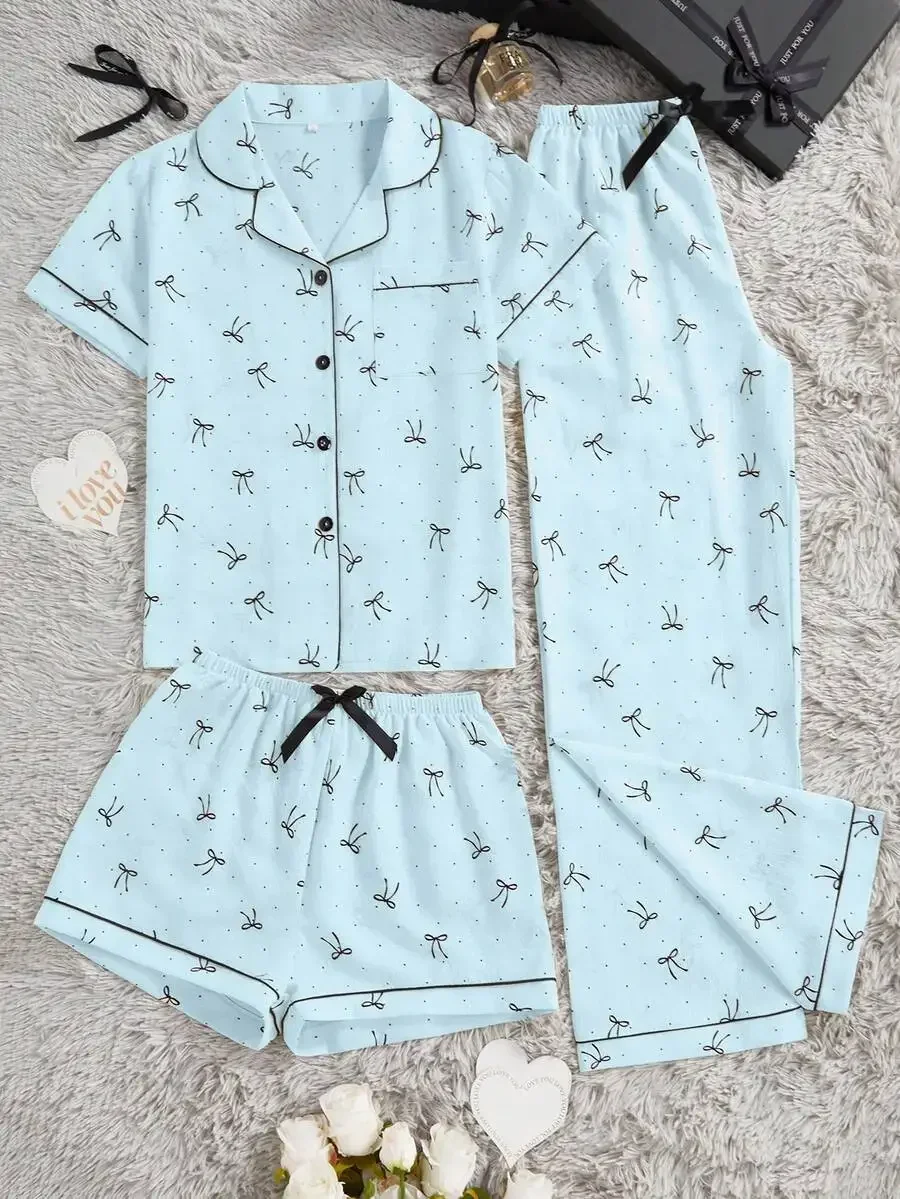 

3-Piece Womens Pajama Set With Bowknot Print Short Sleeve Top And Shorts Pants Spring Summer