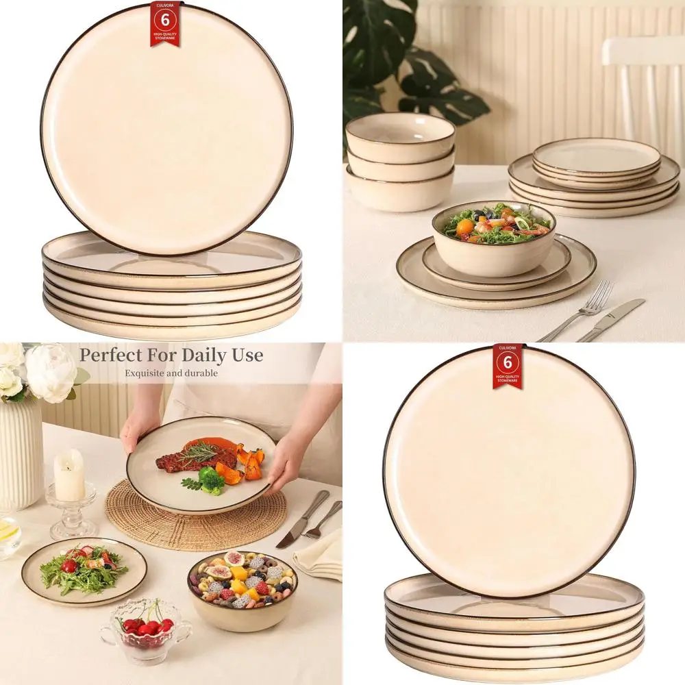 

Set of 6 Ceramic 10.7 Handcrafted Reactive Glaze Stoneware Plates, Modern Beige Dinnerware, Microwave & Dishwasher Safe, Scratch