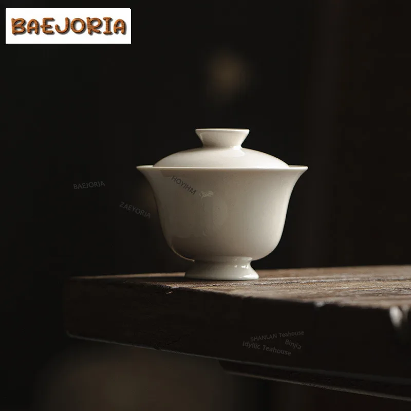 BAEJORIA 110ml Plant Ash Cover Bowl Creative High Footed Tea Tureen Boutique Ceramic Hand-grasp Bowl Gaiwan Antique Tea Brewing