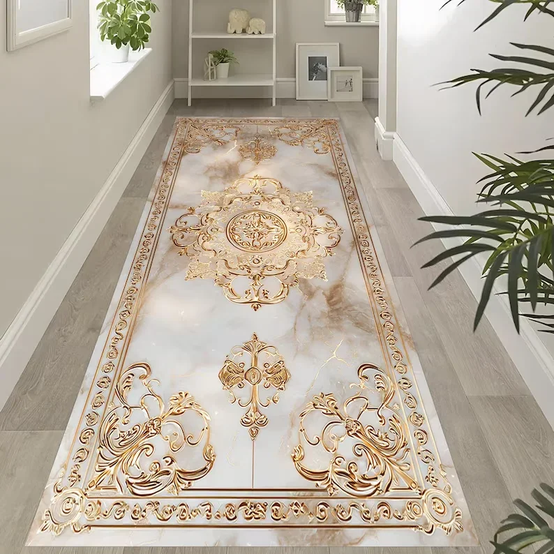 Luxury Marble Gold Pattern Runner Rug Elegant Hallway Carpet for Classic Home Decor RUGS