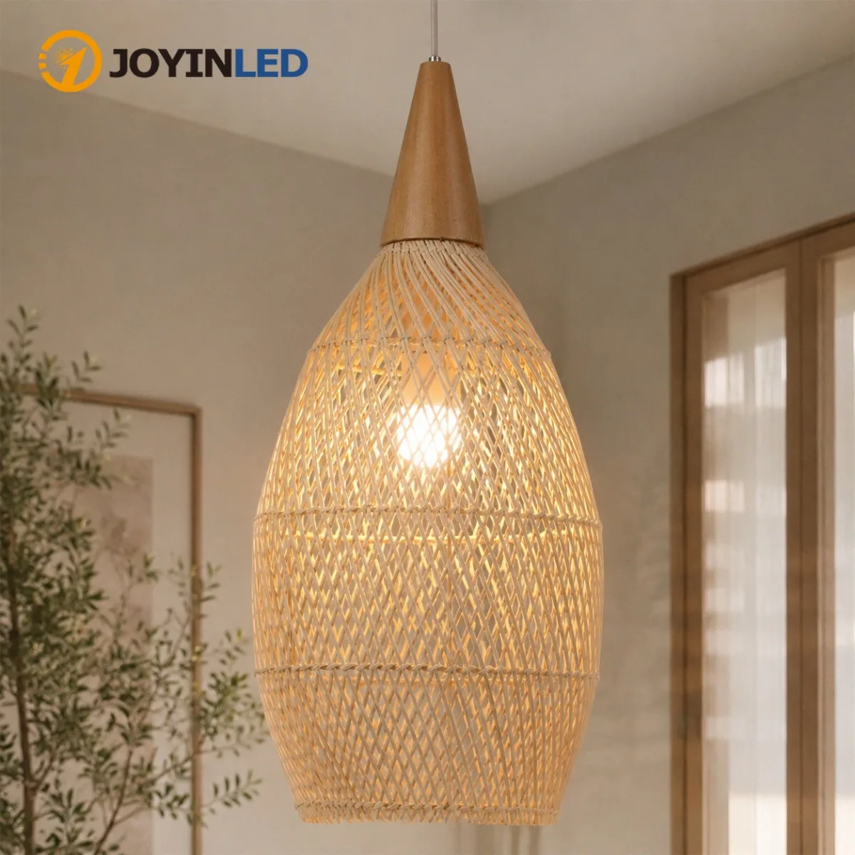 JOYINLED 25/35CM Vintage Rattan Chandelier Wicker Pendant Light Retro Handmade Hanging Lamp for Dining Room Bedroom Home Decor