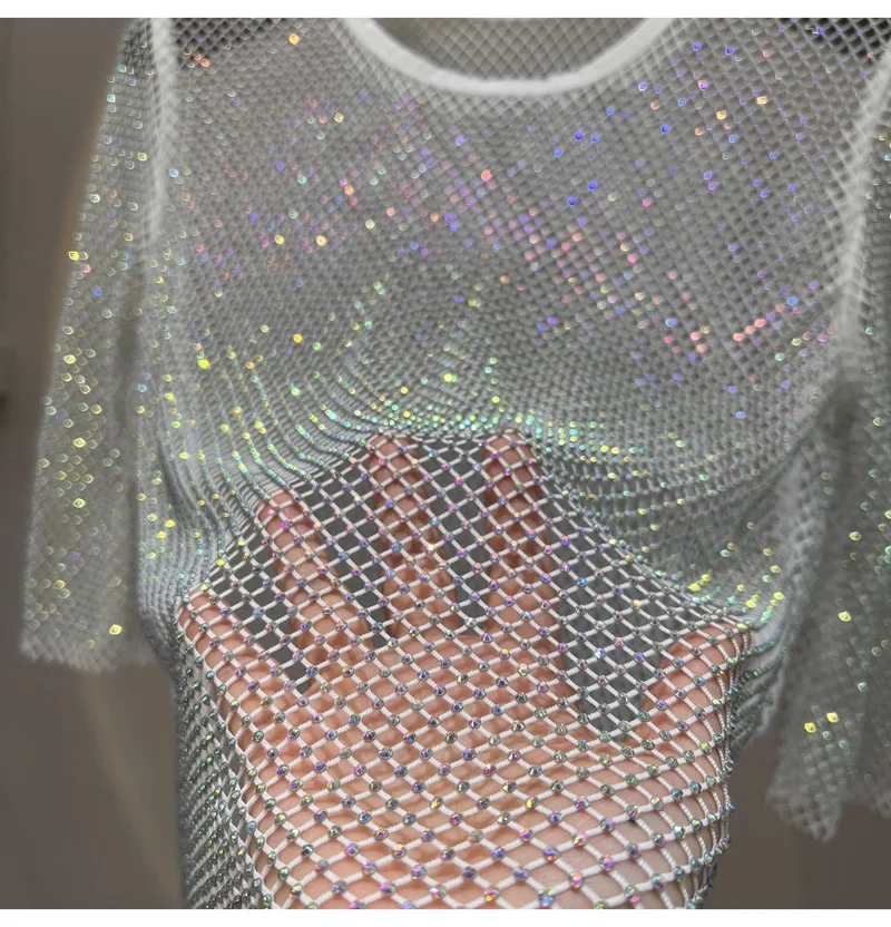 Heavy-duty Hot-drilled Fishnet Hollow See-through Design Round-neck Slim-fitting Short Women’s Fashionable and Versatile Top