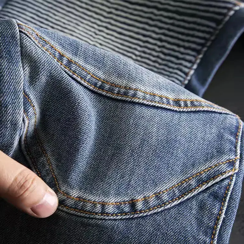 Streetwear Fashion Men Jeans Retro Blue Stretch Slim Fit Spliced Biker Jeans Men Patched Designer Hip Hop Denim Pants Hombre
