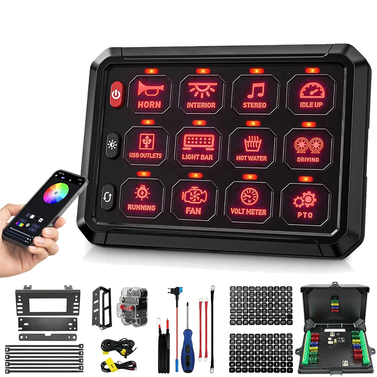 12-Gang-RGB-LED-Autopaneelschalter mit Bluetooth-App-Steuerung, Fahrzeug-Panelschalter, IP65 wasserdicht, eingebautes Halbleiterrelais, 12-24V DC, 80A Schutzschalter, dimmbare Hintergrundbeleuchtung,