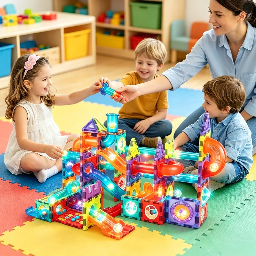Magic Tiles Building Blocks Set, Luminous Rainbow Marble Run Race Blocks Learning Educational Toys