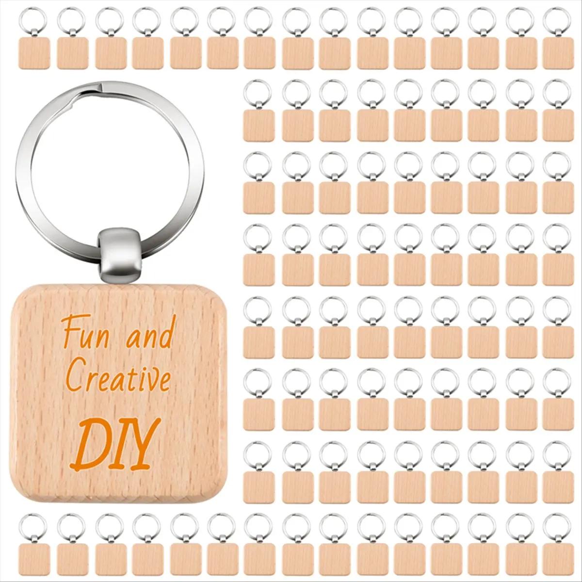 100Pcs DIY Blank Wooden Key Chain Square Carved Key Ring Wooden Key Ring About 40 x 40 mm-DTB1