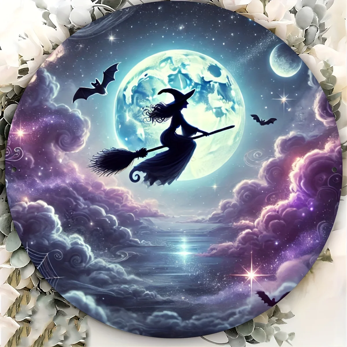 2D Flat - 1pc 20.32x20.32cm Round Metal Wall Art - Enchanting Witch on Broomstick Design with Moon & Stars, Durable & Easy-to-Cl
