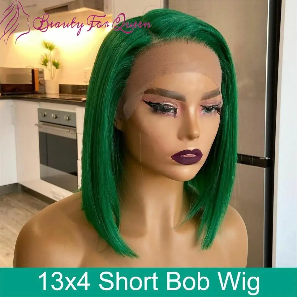 

180% Density Transparent Lace Front Human Hair Wigs Pure Green Short Bob Wigs Brazilian Remy Lace Frontal Wig For Women