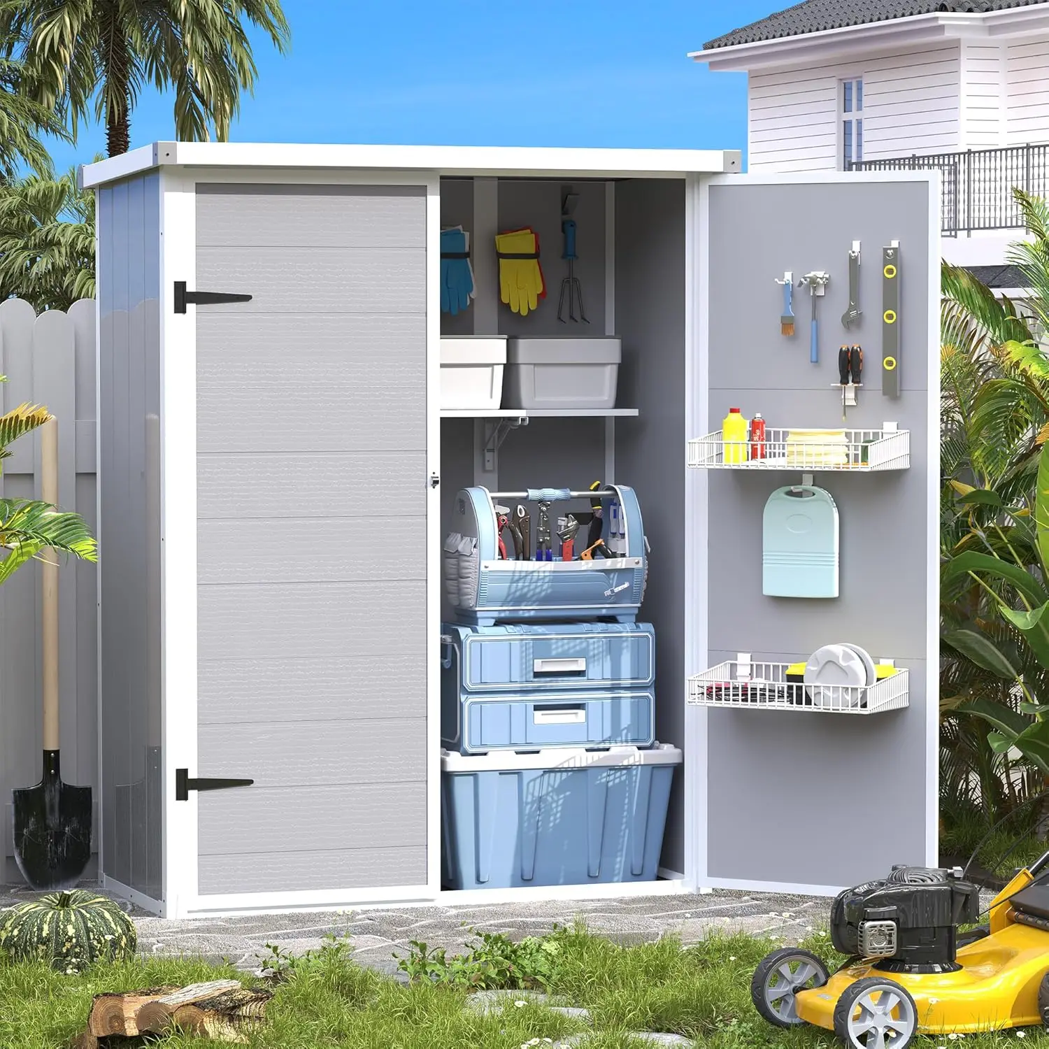 

47 Cu.ft Vertical Storage Shed with Shelves, 4.5x5.5 FT Outdoor Resin Shed with Floor, Waterproof Weather, Customized