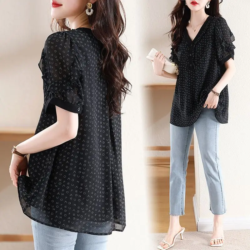 Summer New V-neck High Street Short Sleeve Blouse Women High Street Casual Loose Pullovers Printing Ruffles Patchwork Chic Tops